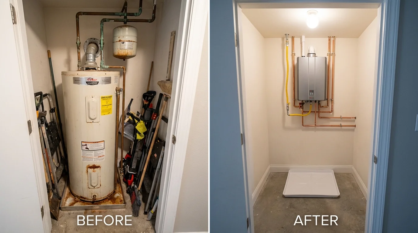 Tank water heater versus wall-mounted tankless unit comparison for Princeton, MO homeowners