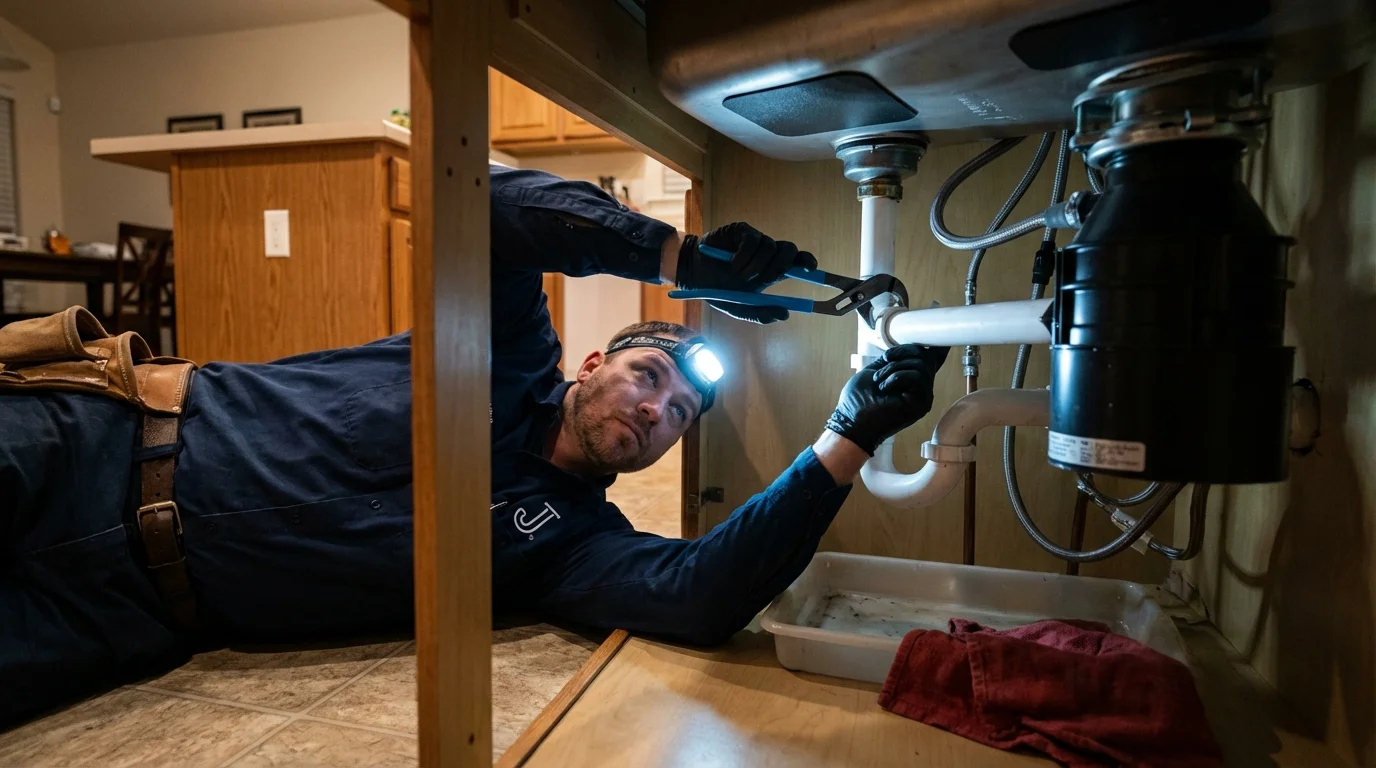 P-trap and supply line connections under a kitchen sink showing a common leak point in Princeton, MO